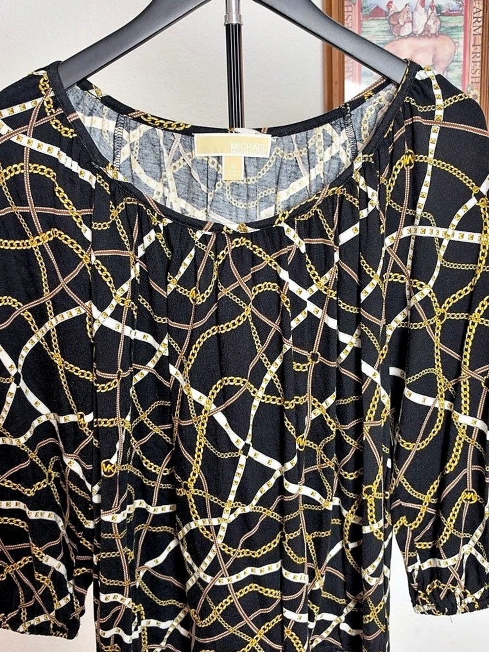 Michael Kors Chain Print Blouse in Black & Gold Size Medium Like New